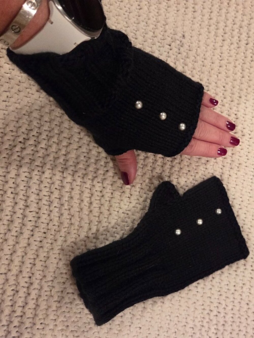 Black Fingerless Gloves with pearl accents